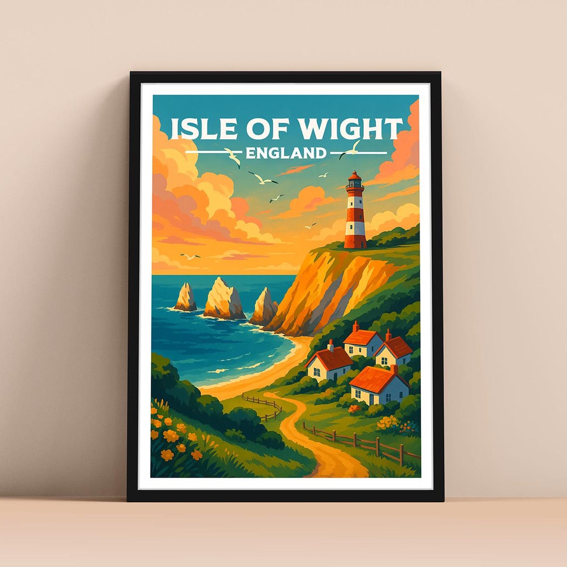 Isle of Wight England Lighthouse Cliffs Sunset Travel Poster