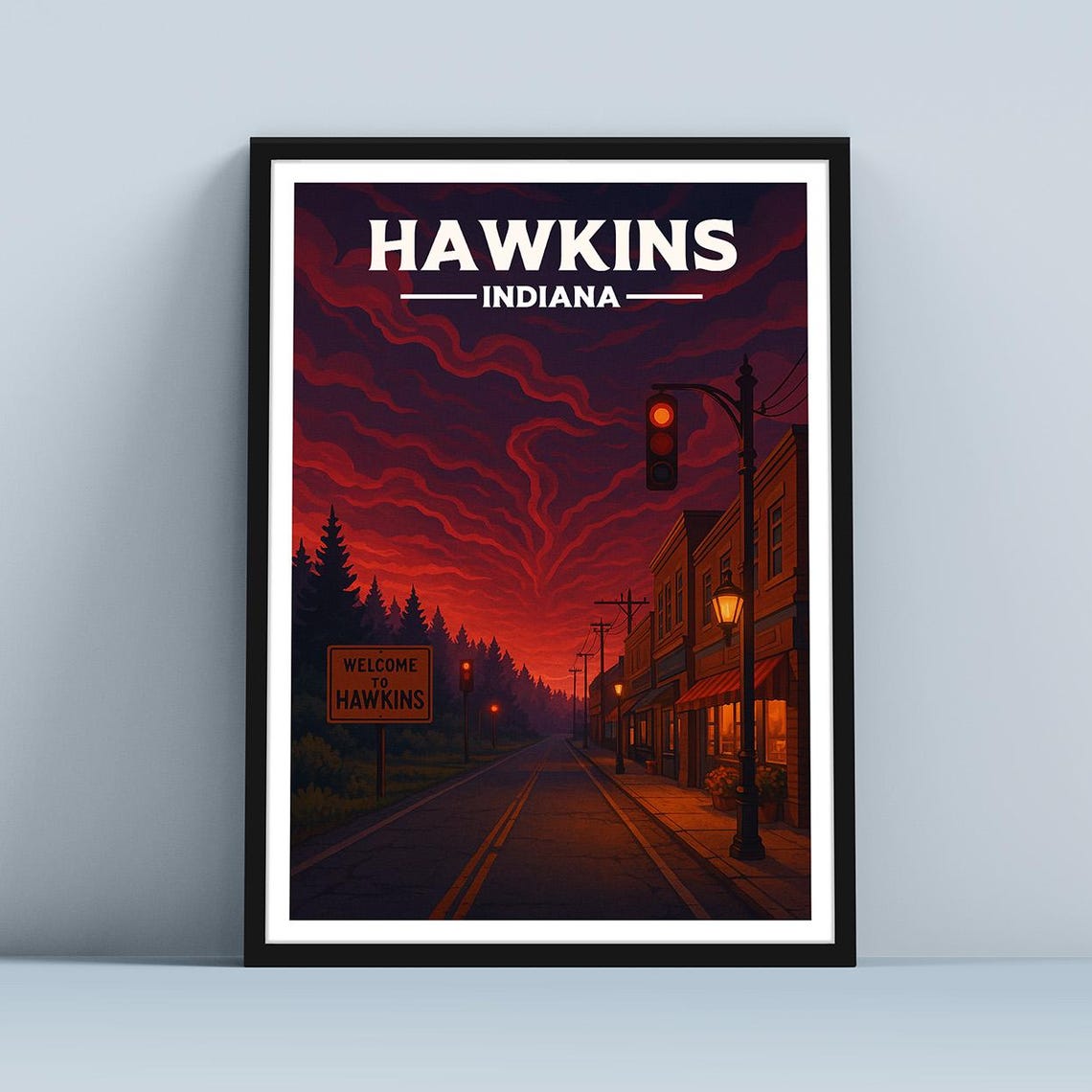 Hawkins Indiana Upside Down Red Sky Retro TV Series Art Poster