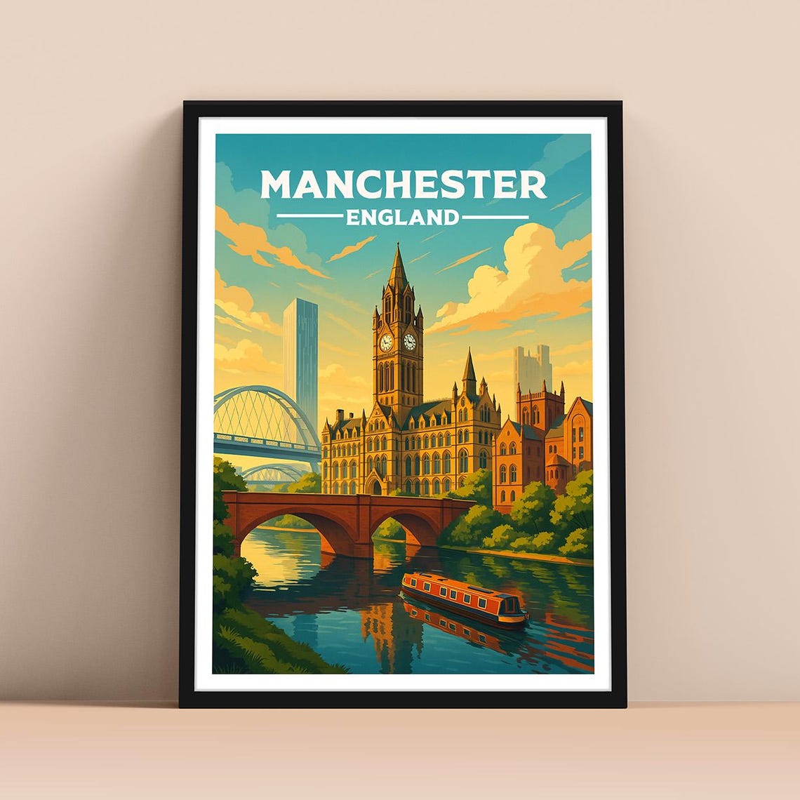 Manchester England Clock Tower Canal Vintage Sunset Travel Poster