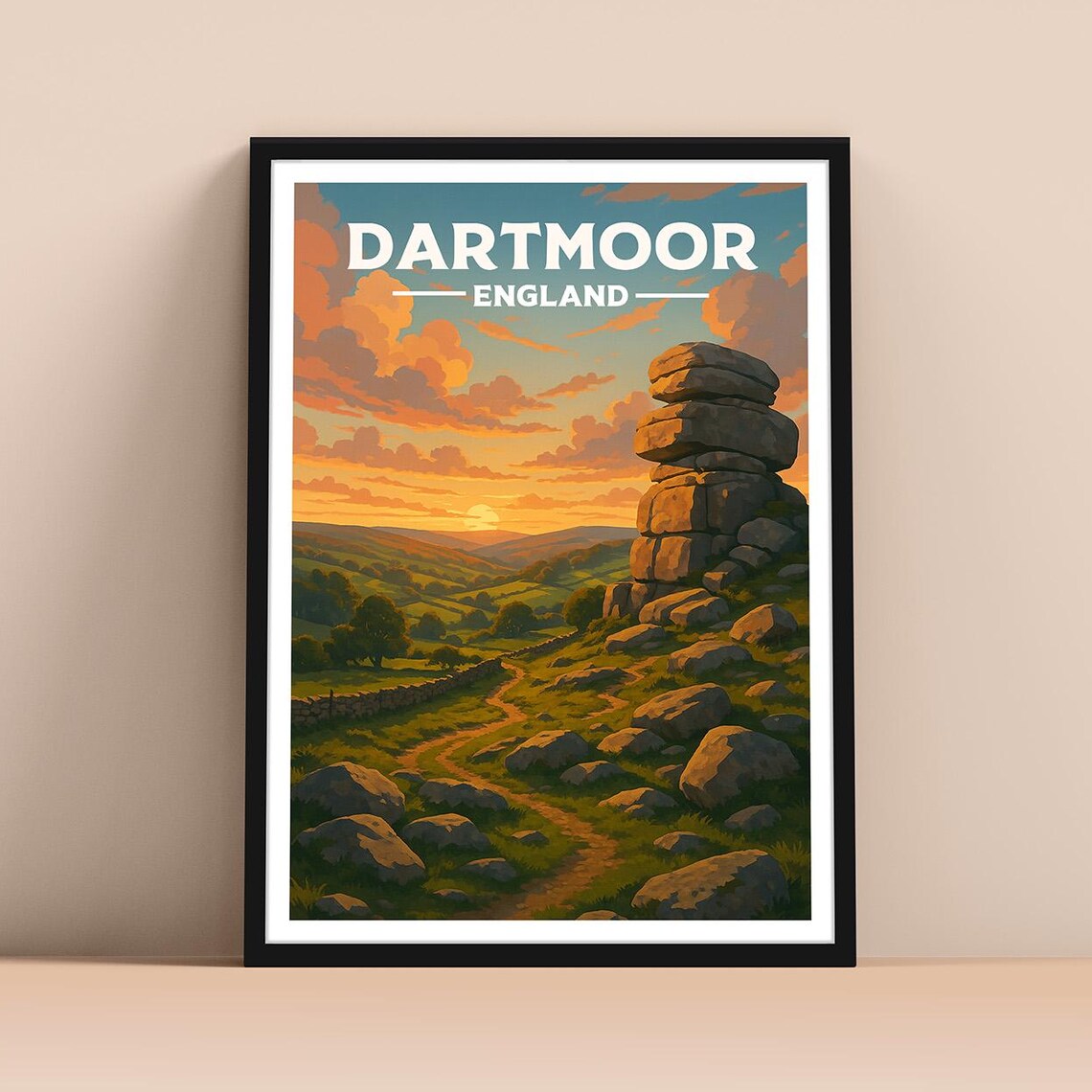 Dartmoor England Rocky Hills Sunset Vintage Nature Travel Poster
