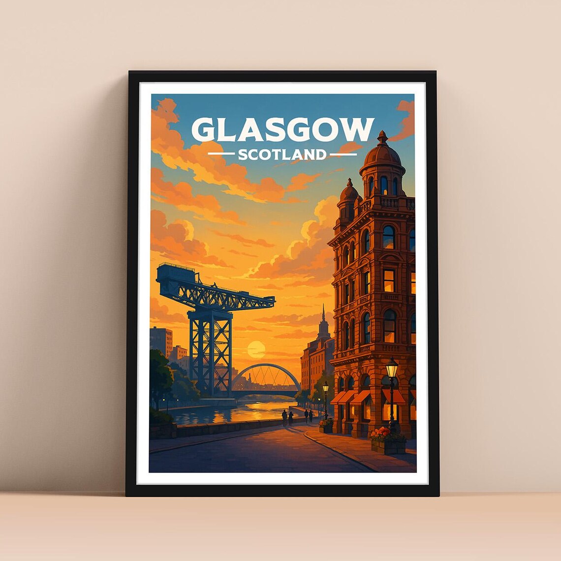 Glasgow Scotland Travel Poster Finnieston Crane and Clyde Sunset Art