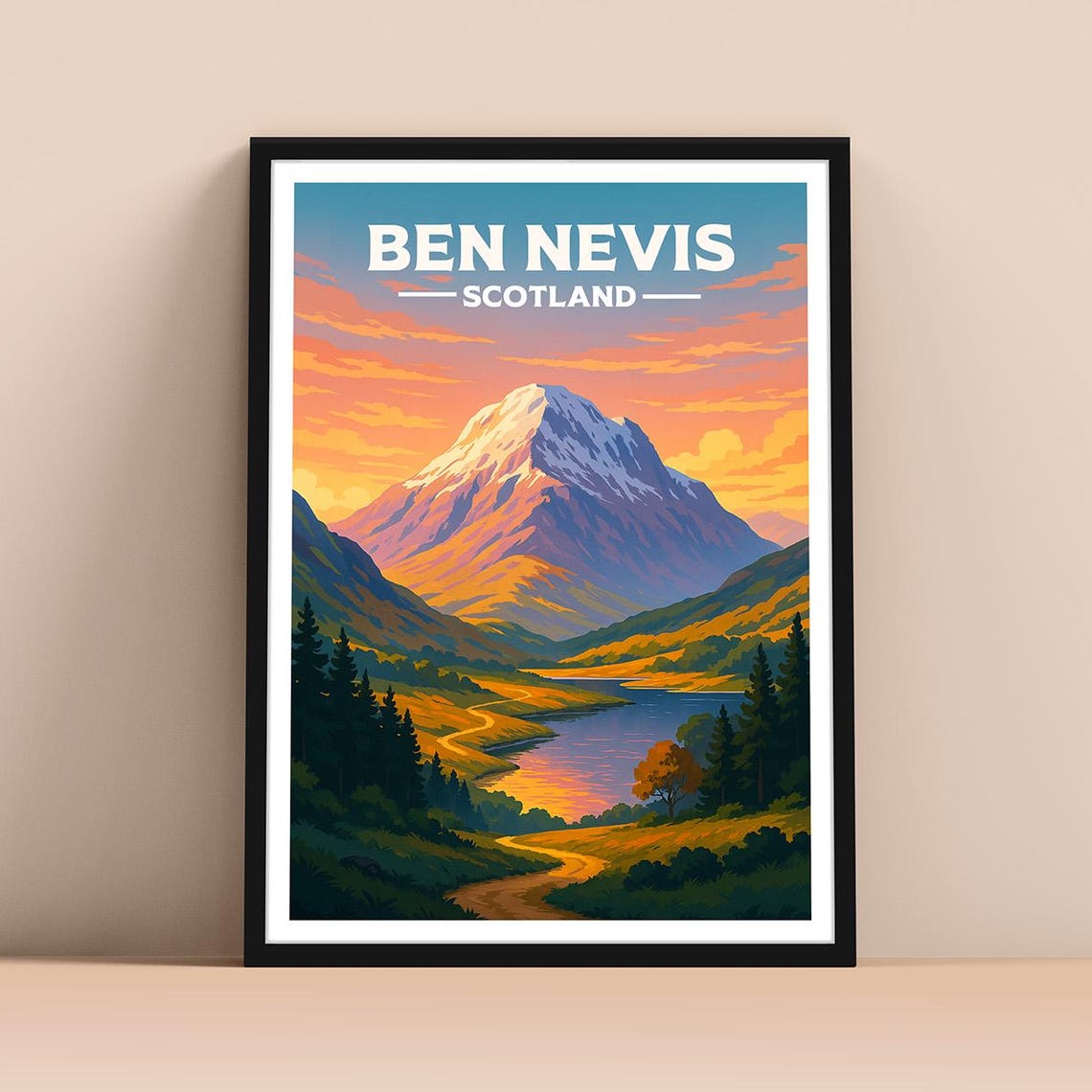 Ben Nevis Scotland Mountain Lake Sunset Vintage Travel Poster