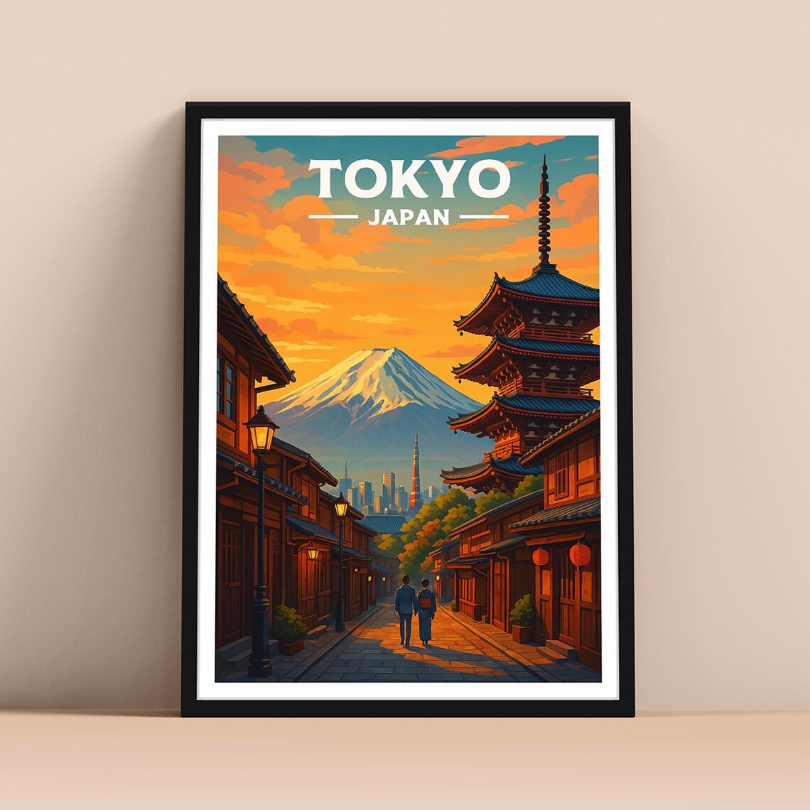 Tokyo Japan Pagoda Mount Fuji Sunset Street Vintage Travel Poster
