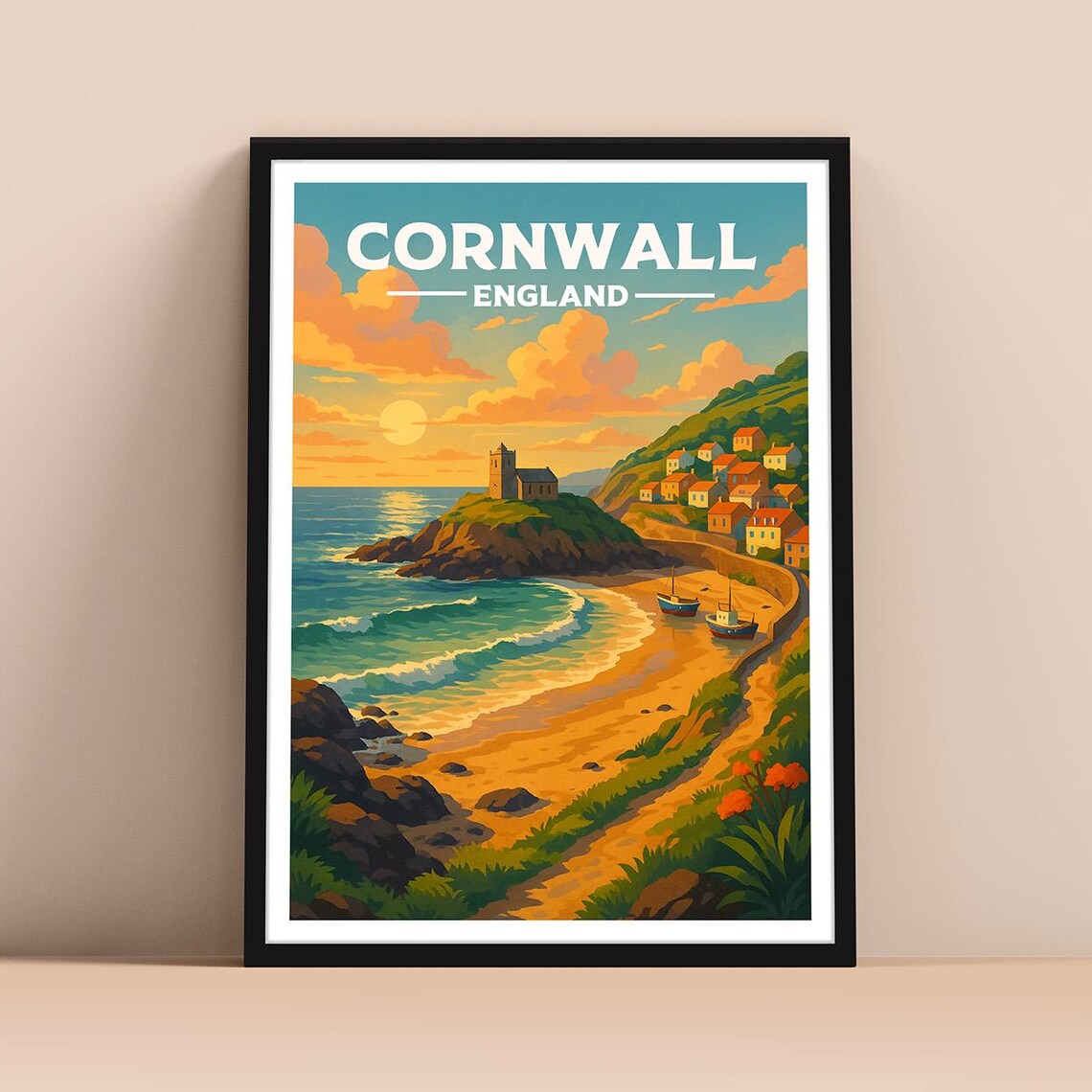 Cornwall England Coastal Travel Poster with Beach and Fishing Boats