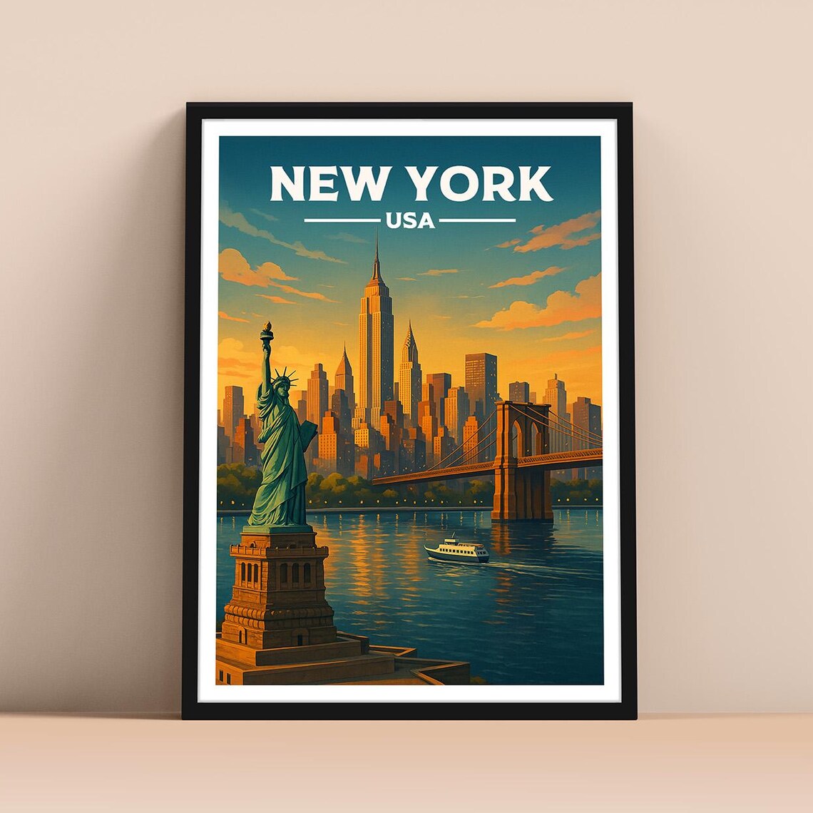 New York USA Statue of Liberty Skyline Sunset Travel Art Poster