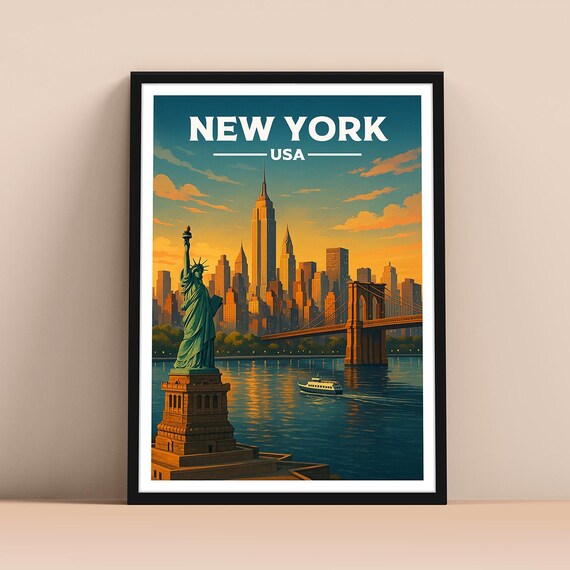 New York USA Statue of Liberty Skyline Sunset Travel Art Poster