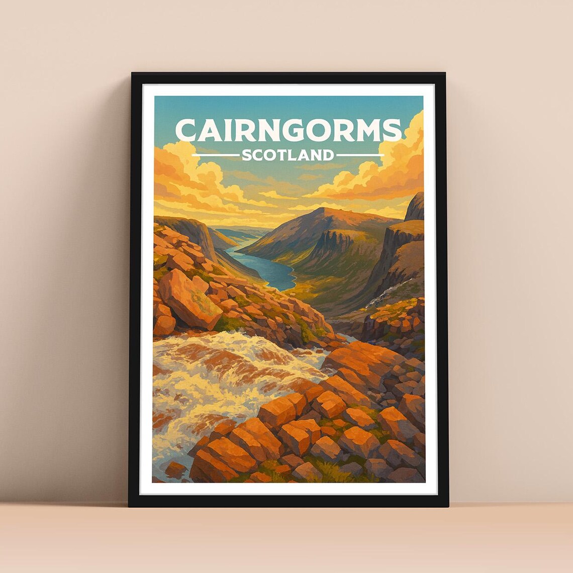 Cairngorms Scotland Travel Poster Mountain Valley River Highlands Art