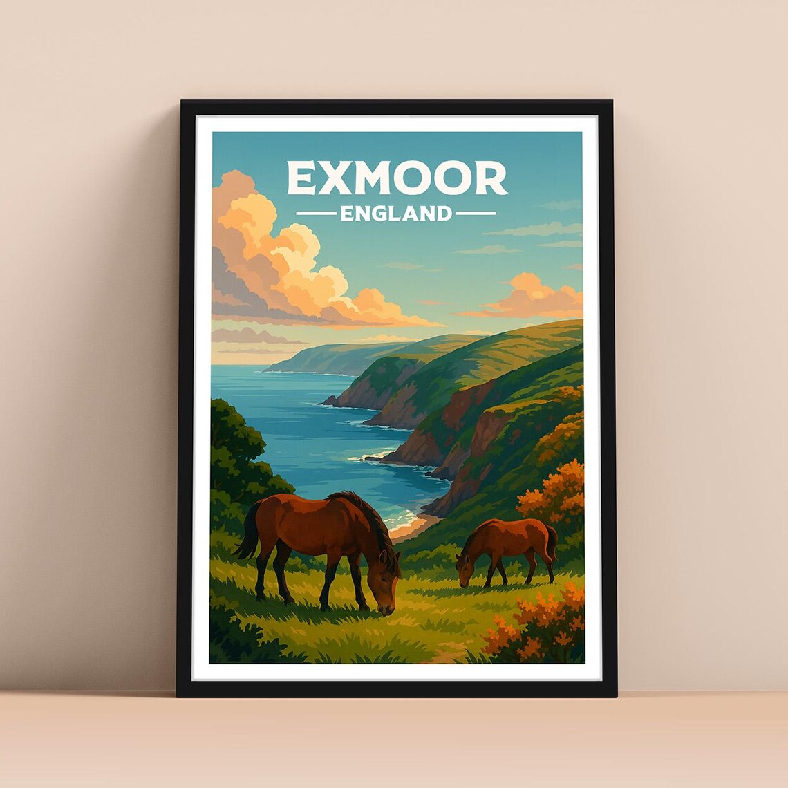 Exmoor England Wild Ponies Coastal Cliffs Vintage Travel Poster