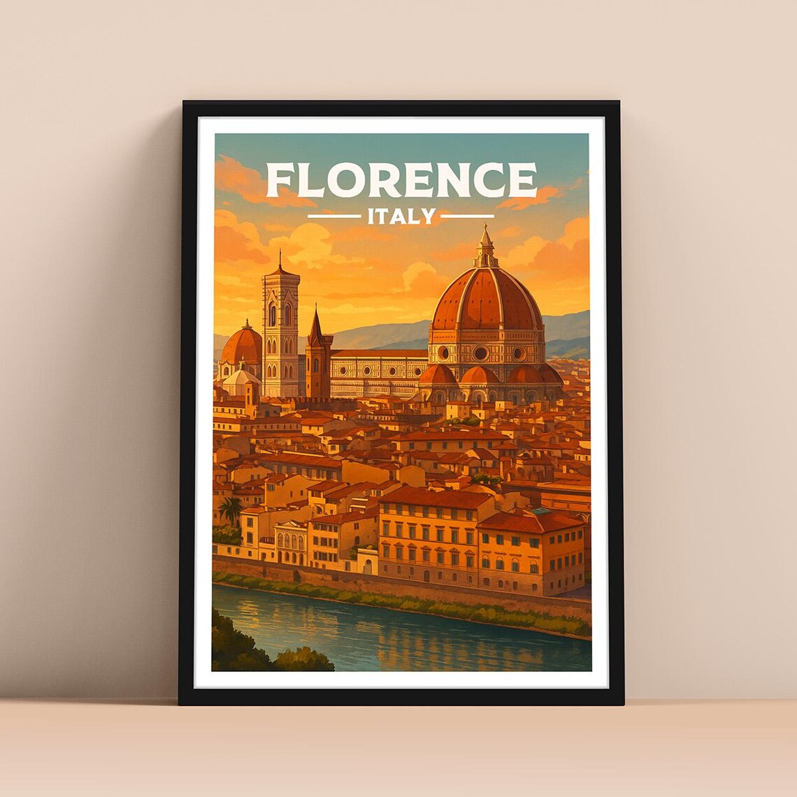 Florence Italy Travel Poster with Duomo Cathedral at Golden Hour