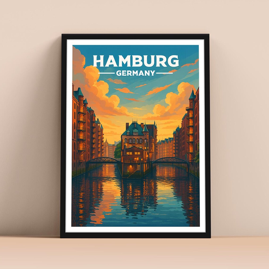 Hamburg Germany Travel Poster Warehouse Canal Sunset Harbor Reflections