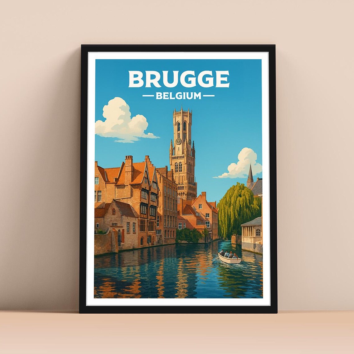 Brugge Belgium Belfry Canal Boat Vintage Travel Poster Scene
