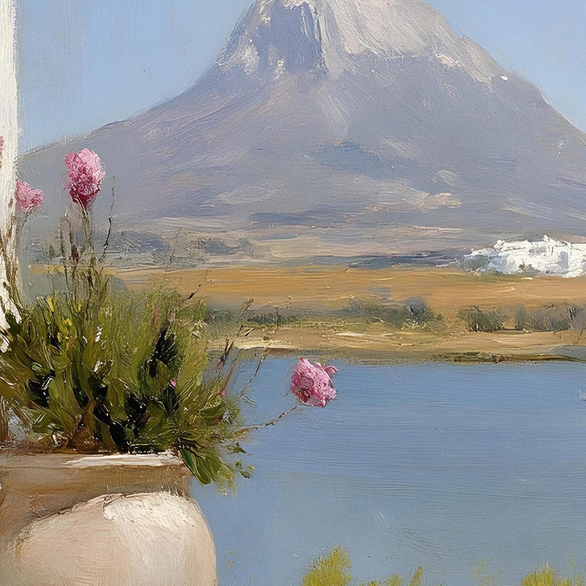 Mountain Lake Flowers Vase Village Spring Meadow Scenery Oil Poster - Image 2