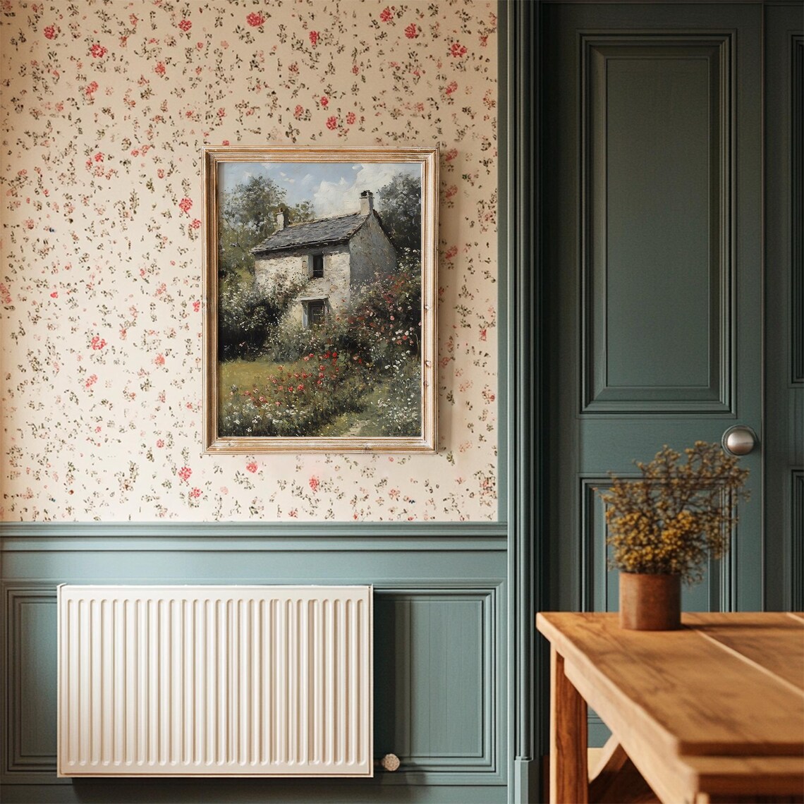 Stone Cottage Wildflower Garden Red Poppies Blue Door Rustic Poster - Image 3