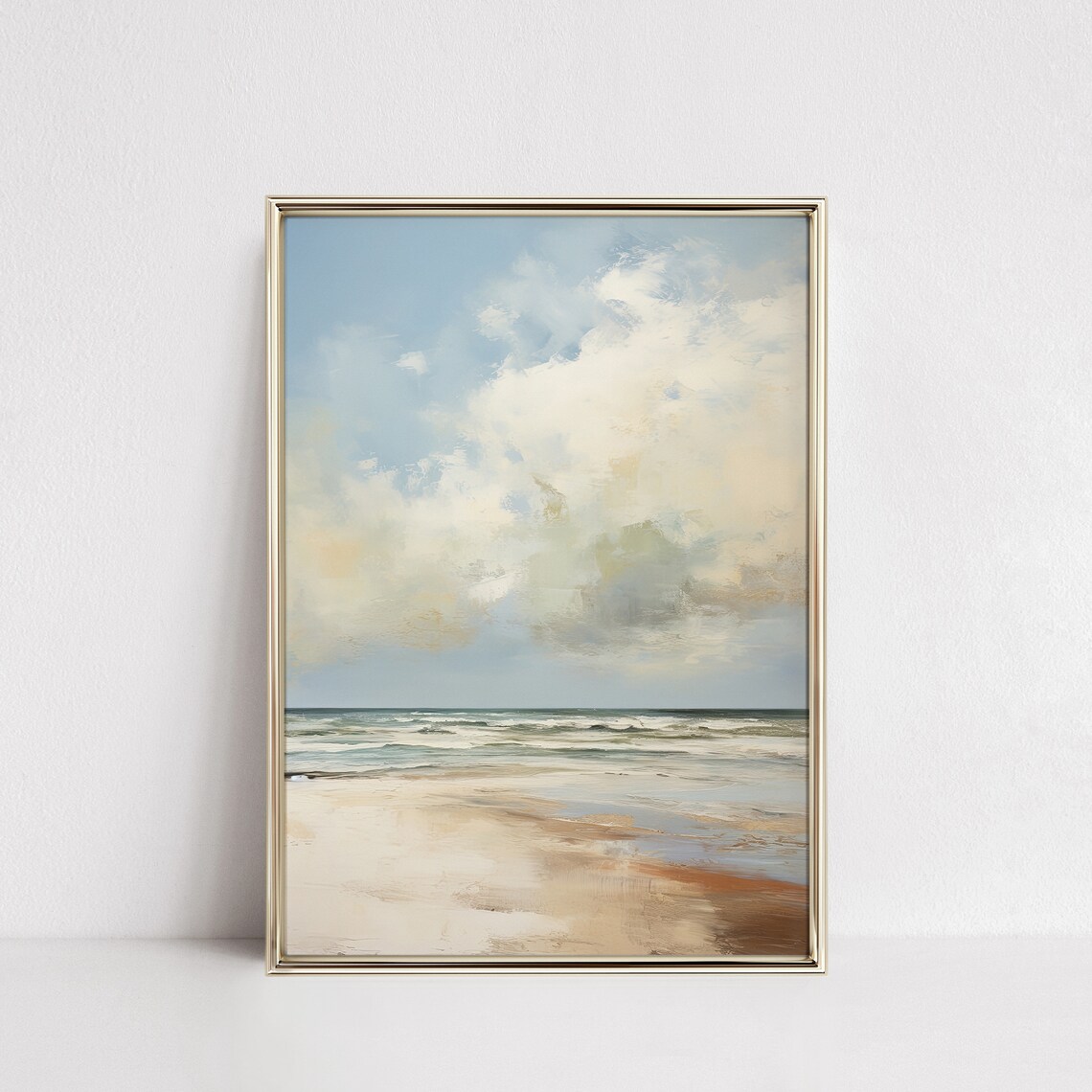 Soft Neutral Beach Seascape Gentle Waves Cloudy Sky Minimalist Oil Poster - Image 4