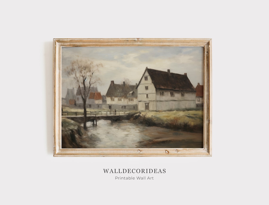 European Village Houses by a Quiet Canal Rustic Vintage Oil Art Poster