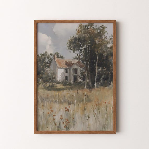 Vintage Rustic Country House Painting Muted Earth Tones Countryside Home Art Vi157