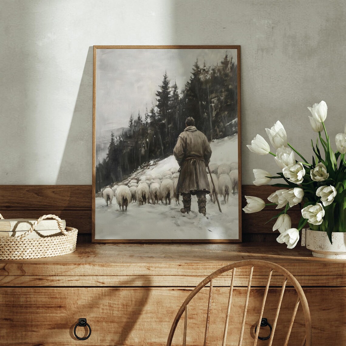 Vintage Winter Shepherd Painting, Rustic Snowy Woodlands Scene - Image 2