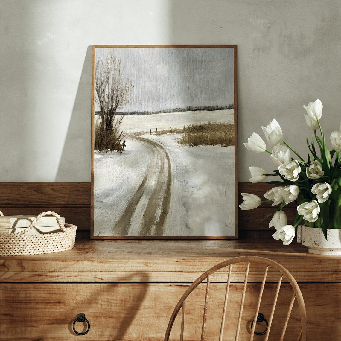 Vintage Winter Landscape, Neutral Snow Scene - Image 3