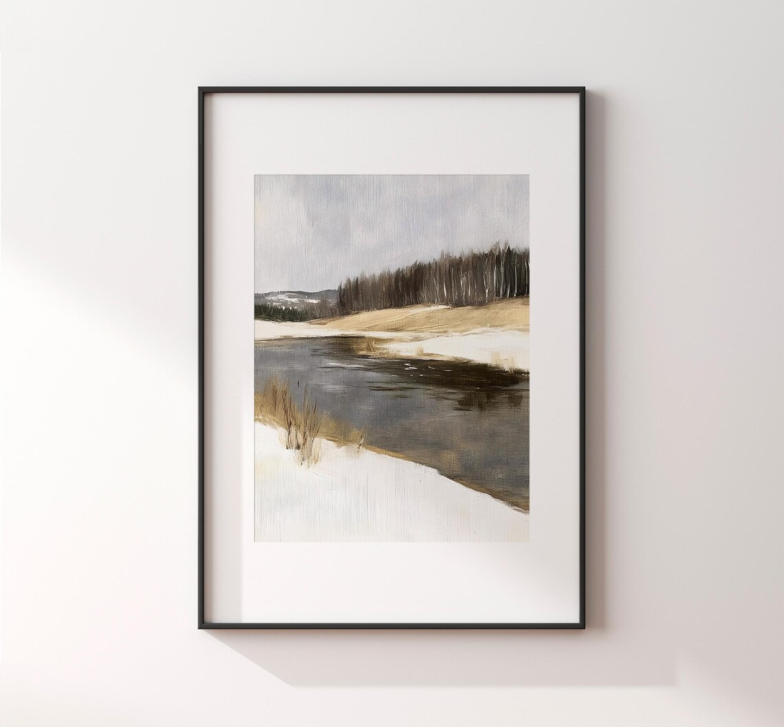 Moody Winter River Landscape Neutral Brown Gray Vintage Painting Poster - Image 2