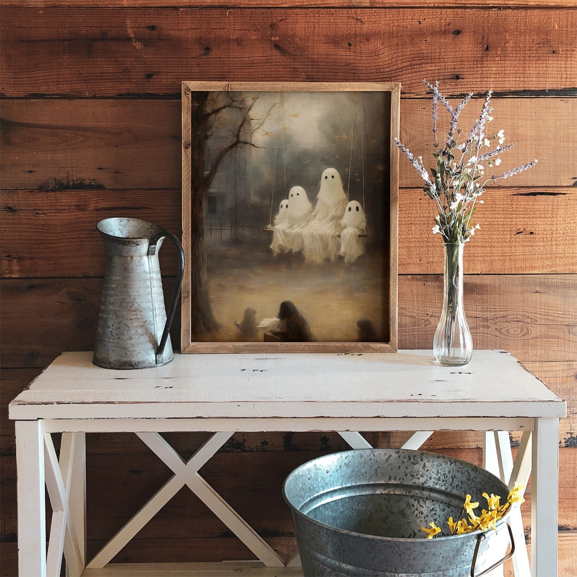 Family Ghost On The Swing Print Sheeted Ghosts Art Print Cute Ghost Face Spooky Gothic Dark Academia Room Decor Hallowen - Image 4