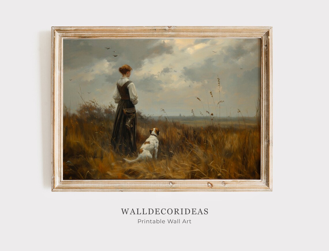 Vintage Woman Portrait With Dog, Moody Art Print