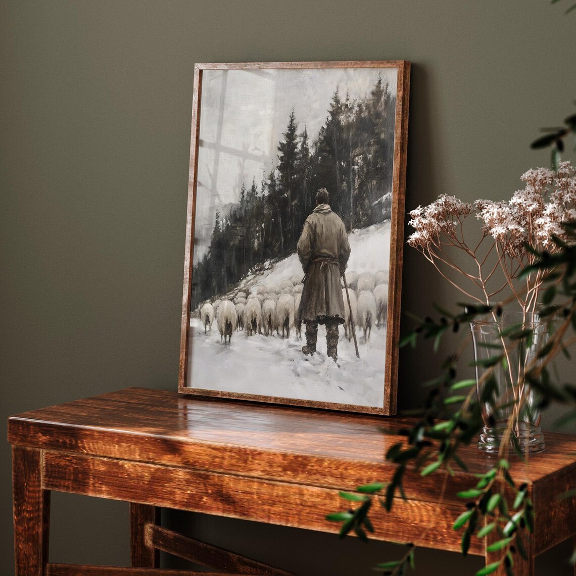 Vintage Winter Shepherd Painting, Rustic Snowy Woodlands Scene - Image 7