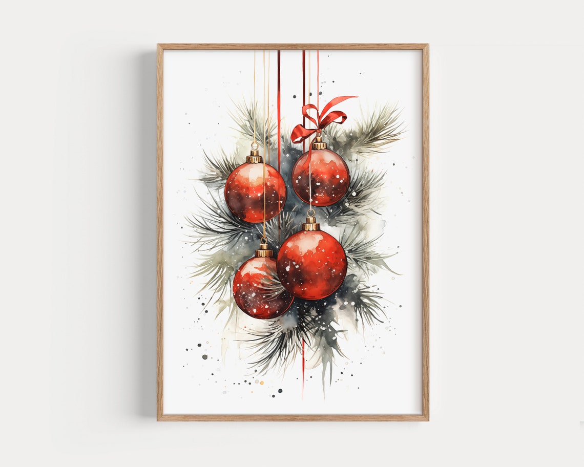 Red Christmas Baubles Watercolor Pine Branch Holiday Still Life Poster - Image 4