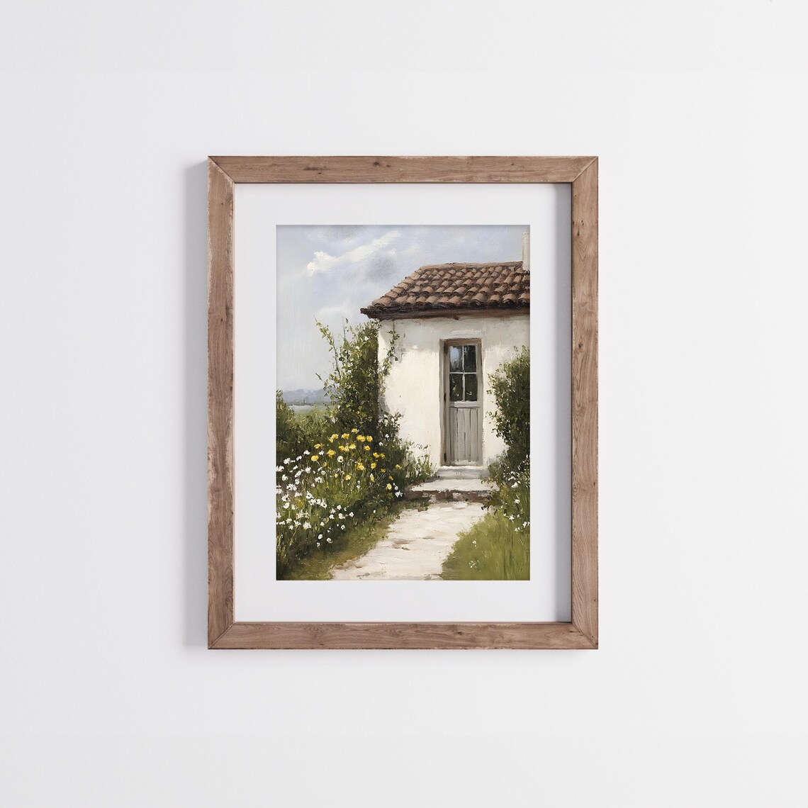 White Cottage With Wildflower Garden Path Terracotta Roof Spring Scene Poster - Image 2