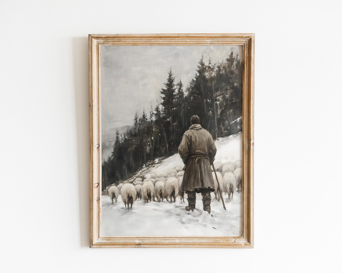 Vintage Winter Shepherd Painting, Rustic Snowy Woodlands Scene