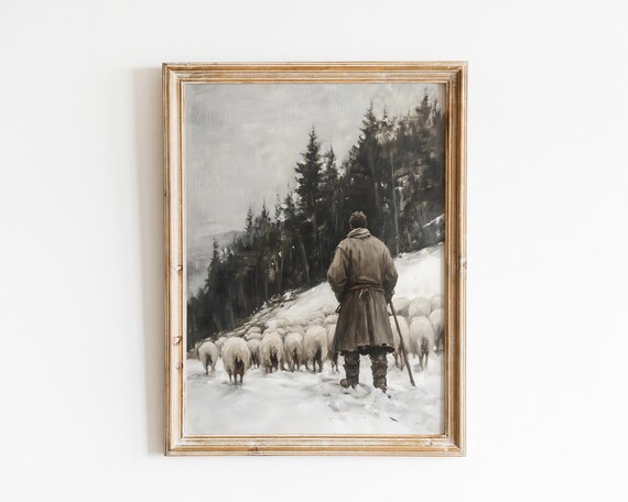 Vintage Winter Shepherd Painting, Rustic Snowy Woodlands Scene