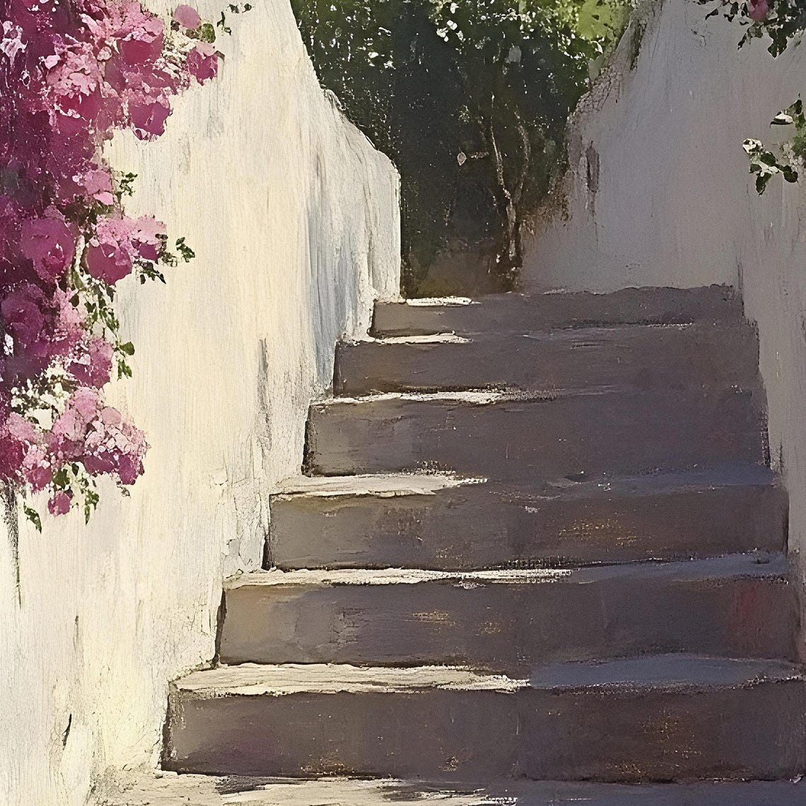 Sunlit Stone Stairway Bougainvillea White Walls Mediterranean Poster - Image 2