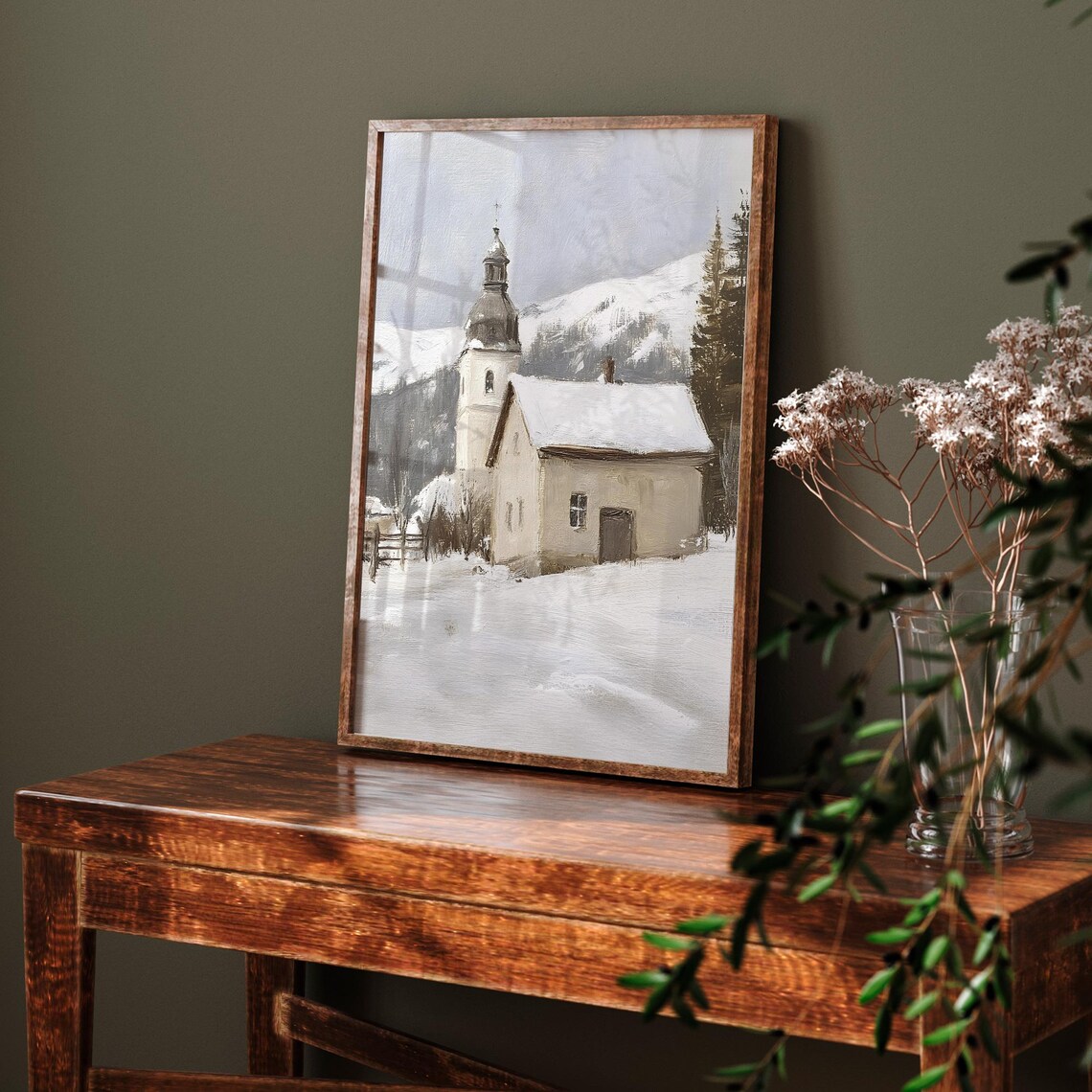 Snowy Mountain Church Vintage Winter Landscape Chapel Painting Poster - Image 6