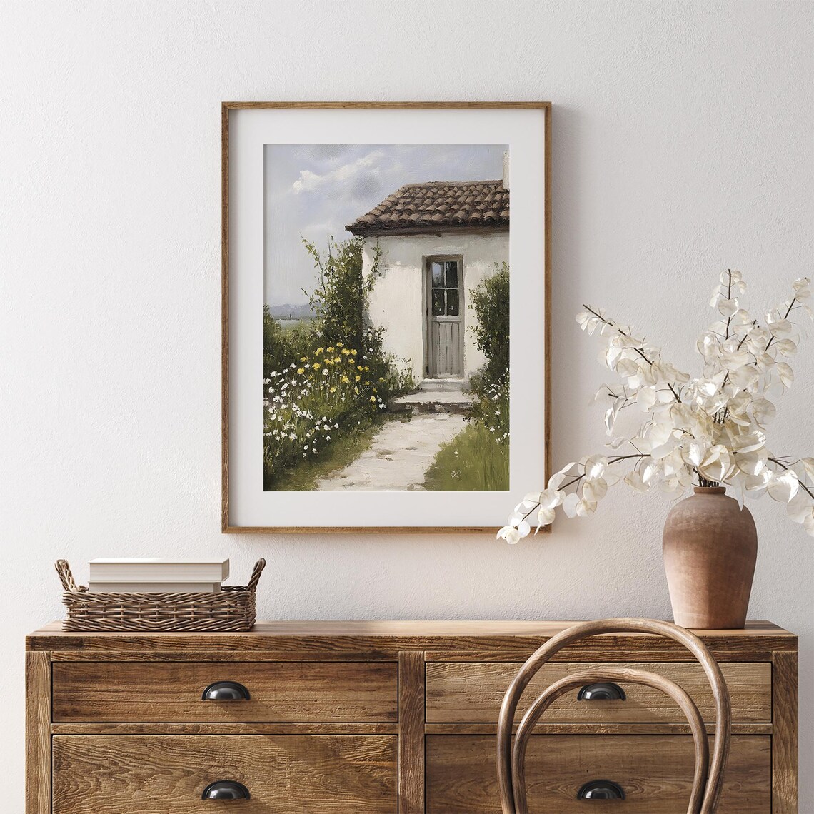 White Cottage With Wildflower Garden Path Terracotta Roof Spring Scene Poster - Image 6