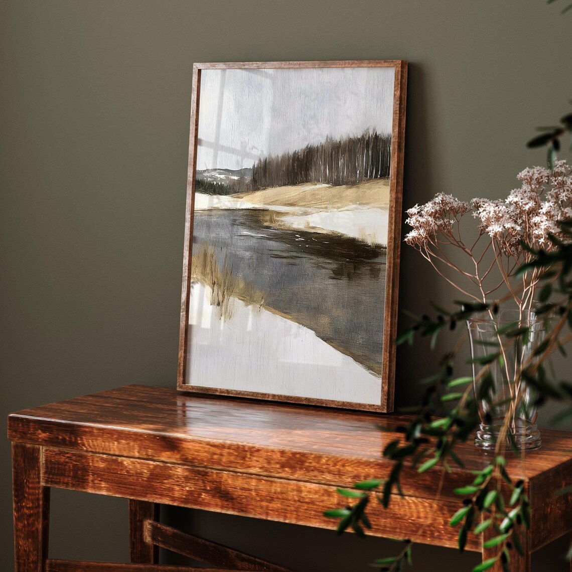 Moody Winter River Landscape Neutral Brown Gray Vintage Painting Poster - Image 6
