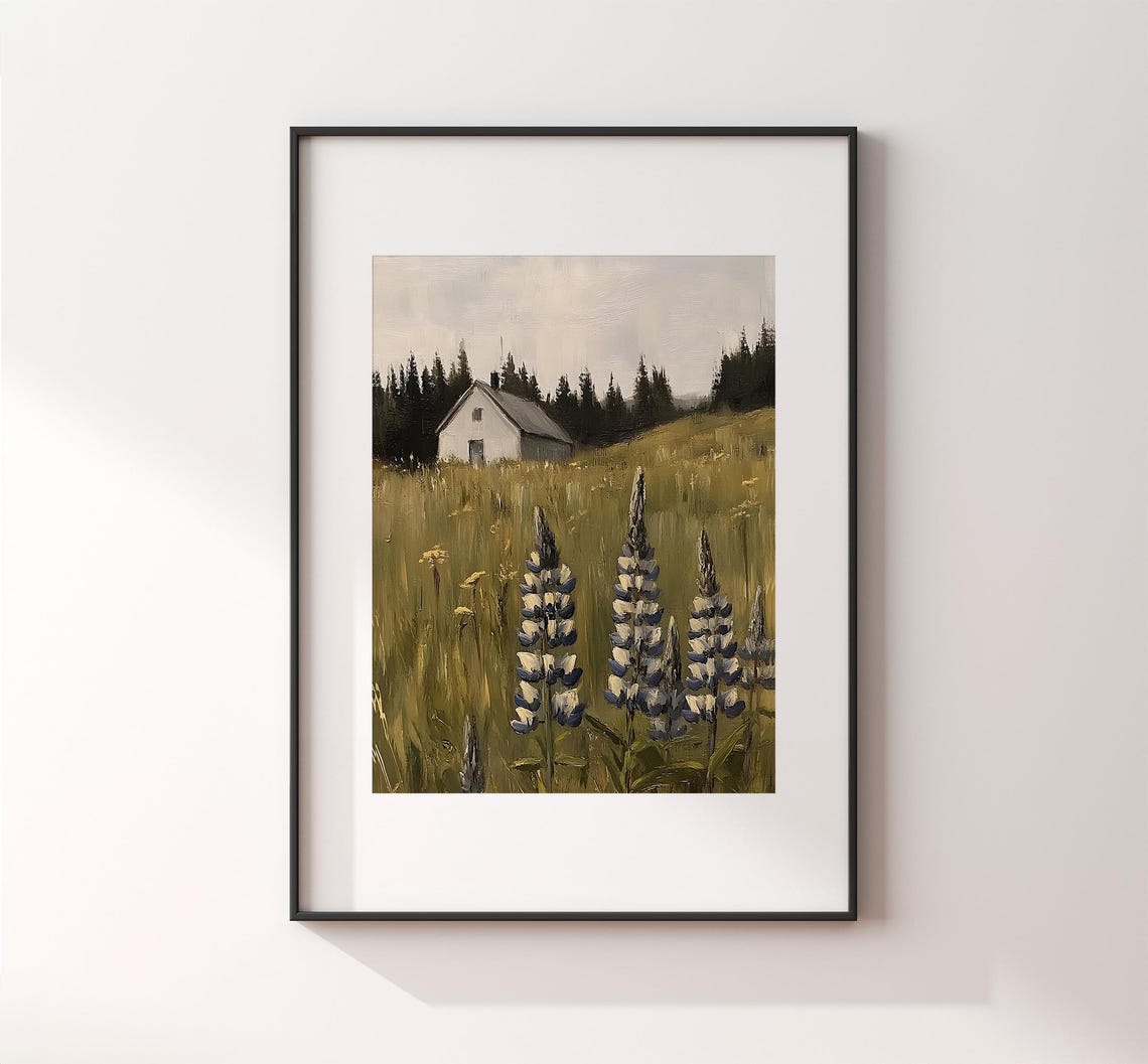 White Farmhouse With Purple Lupines Vintage Meadow Painting Poster - Image 2