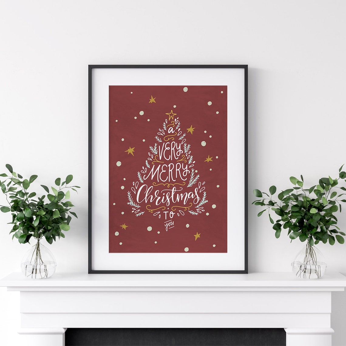 A Very Merry Christmas Hand Lettered Tree Red Gold Holiday Poster - Image 2