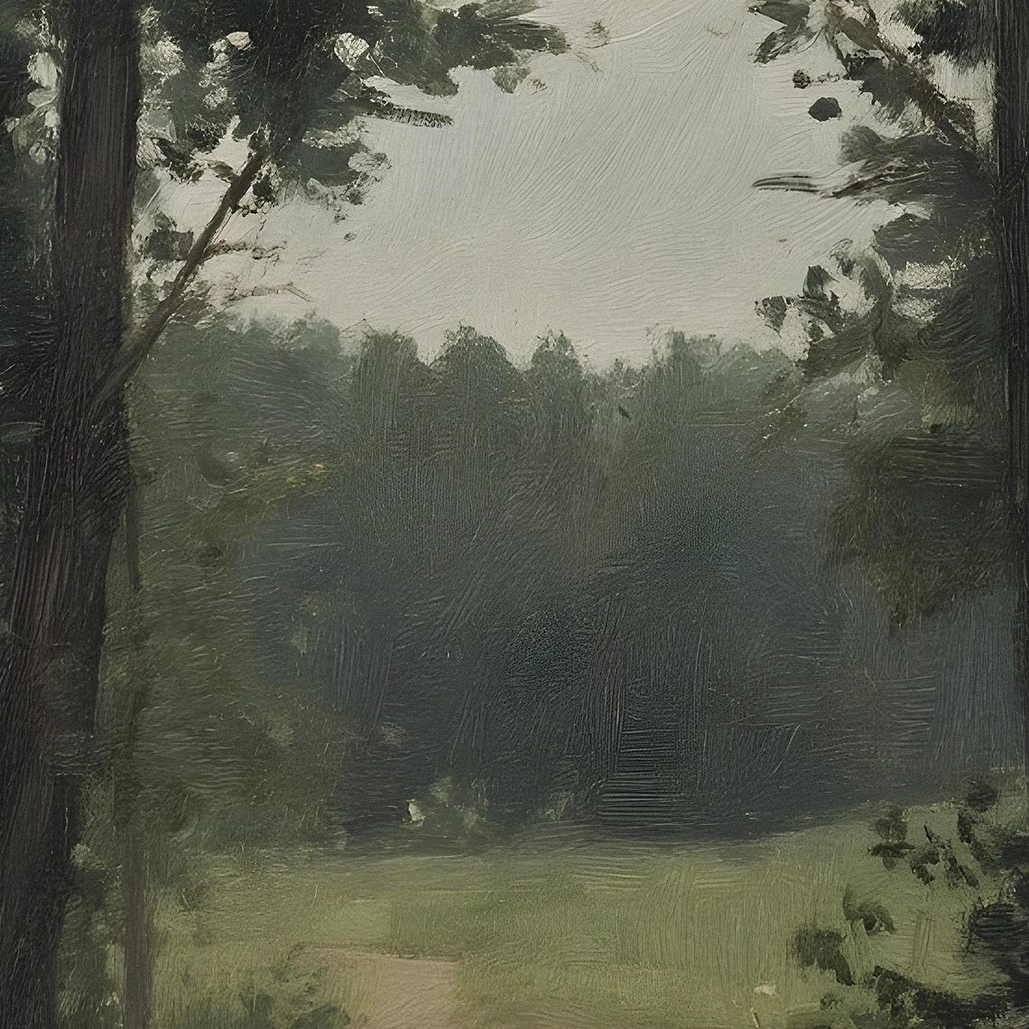 Dark Forest Path Between Tall Trees Moody Woodland Painting Poster - Image 2