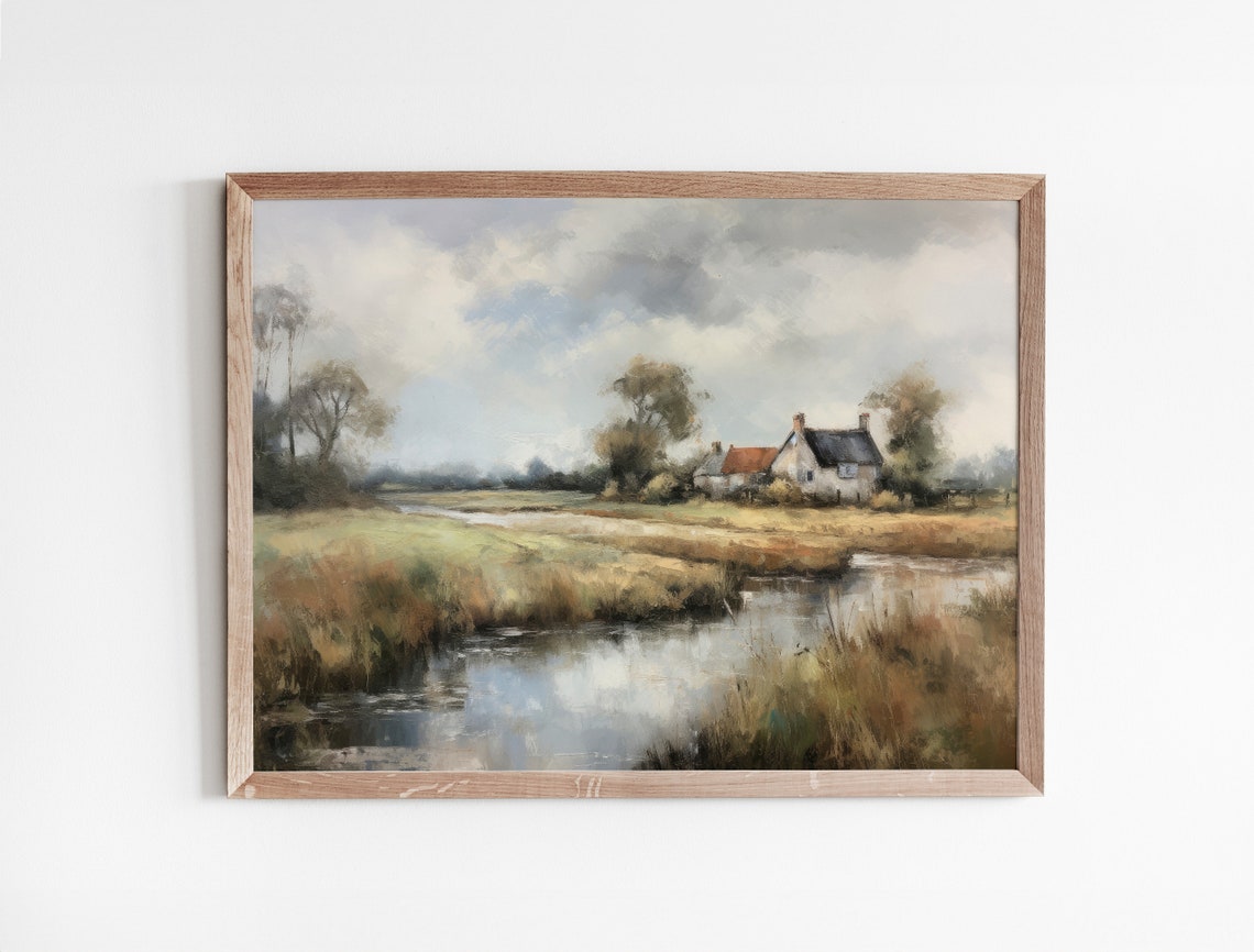 Country Cottage by a Winding River Pastoral Green Landscape Art Poster - Image 3