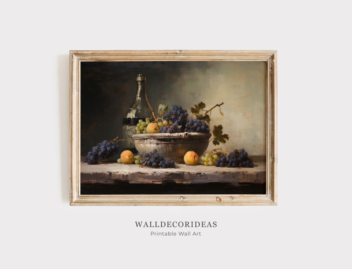 Vintage Still Life Fruit Bowl With Grapes Peaches And Wine Poster