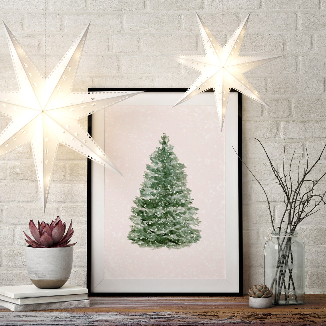 Watercolor Pine Tree Blush Pink Snow Winter Botanical Poster - Image 3