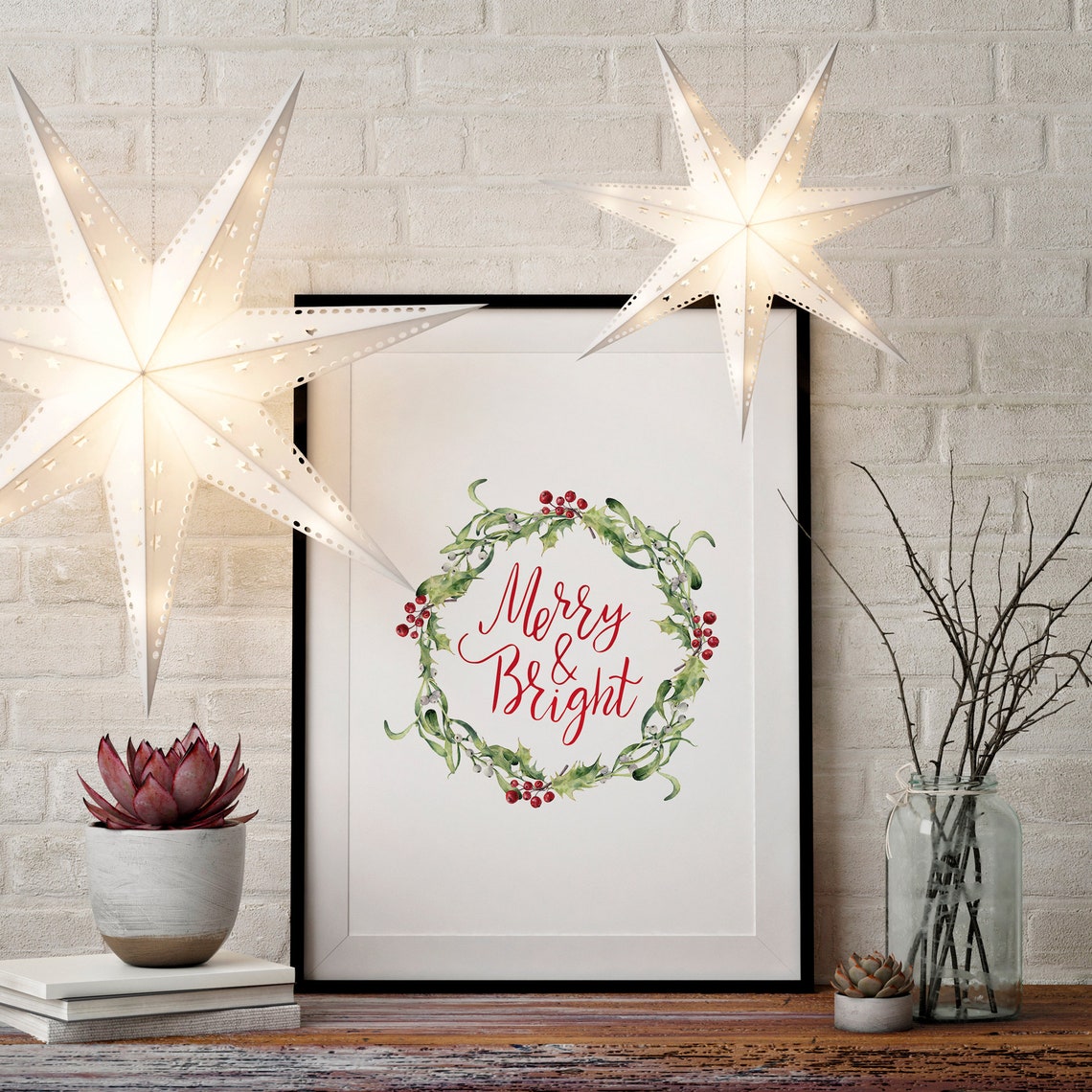Merry and Bright Holly Wreath Red Script Watercolor Holiday Poster - Image 3