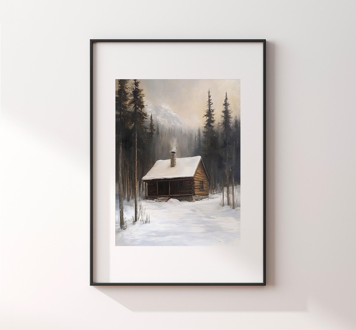 Rustic Log Cabin In Misty Snowy Pine Forest With Chimney Smoke Winter Poster - Image 2