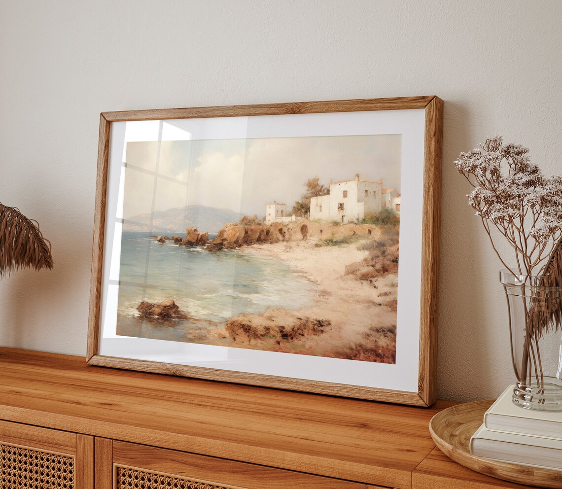 Mediterranean Coastal Rocky Shoreline White Villas Vintage Oil Art Poster - Image 2