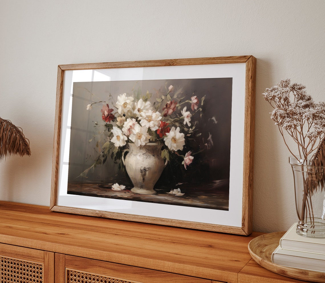 Moody Flower Painting Vintage Floral Wall Art Antique Art Print Farmhouse Wall Art Moody Botanical Oil Painting Wall Art - Image 2