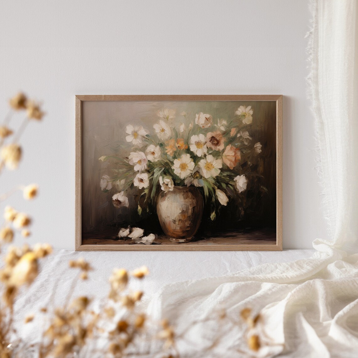 White Blossom Vase Moody Vintage Floral Still Life Painting Poster - Image 4