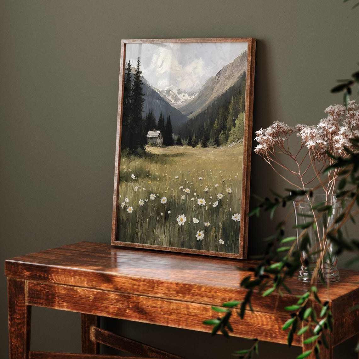 Alpine Meadow With Daisies And Cabin Vintage Mountain Painting Poster - Image 6