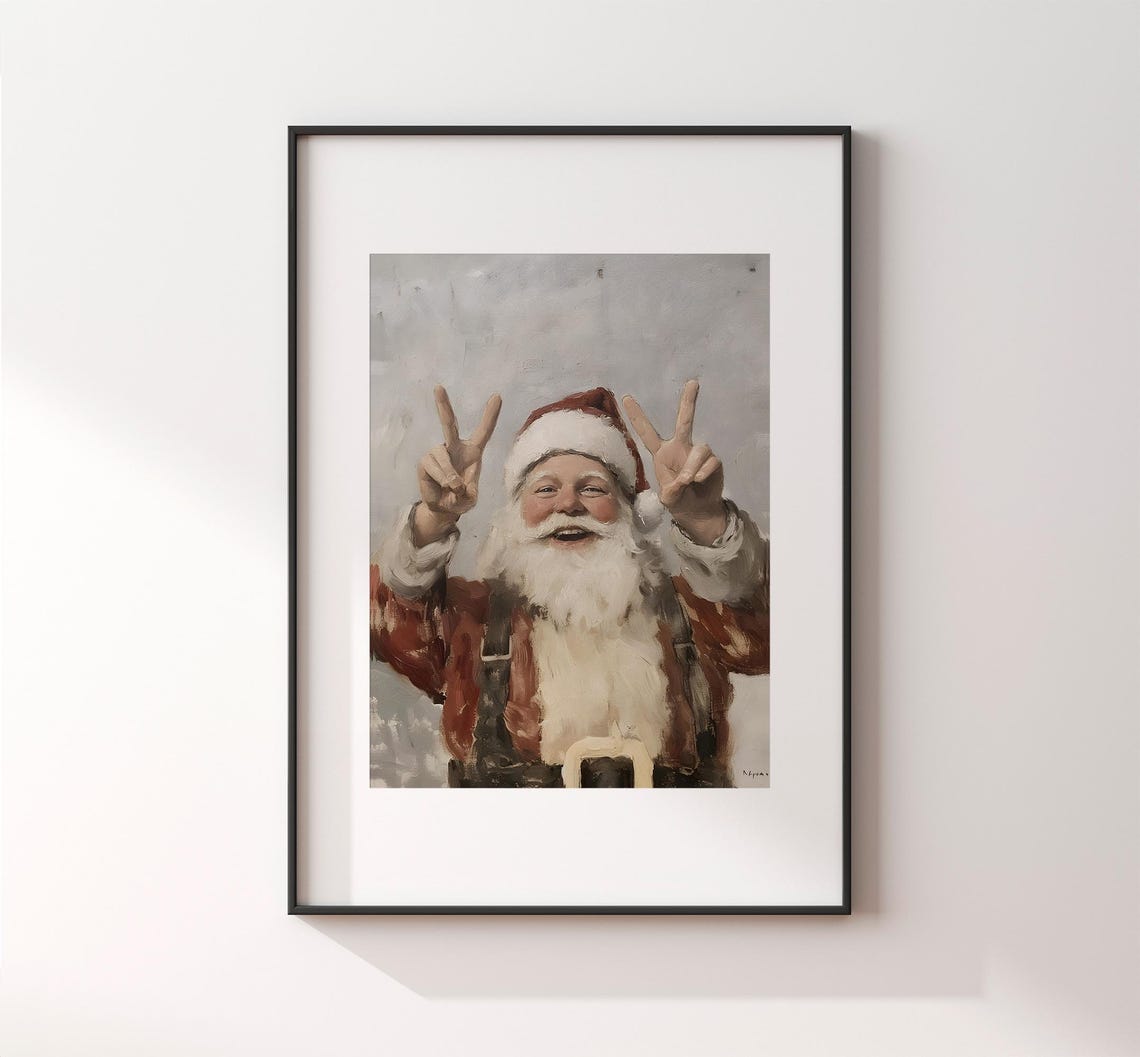 Jolly Santa Claus Peace Signs Vintage Christmas Portrait Poster - Image 2