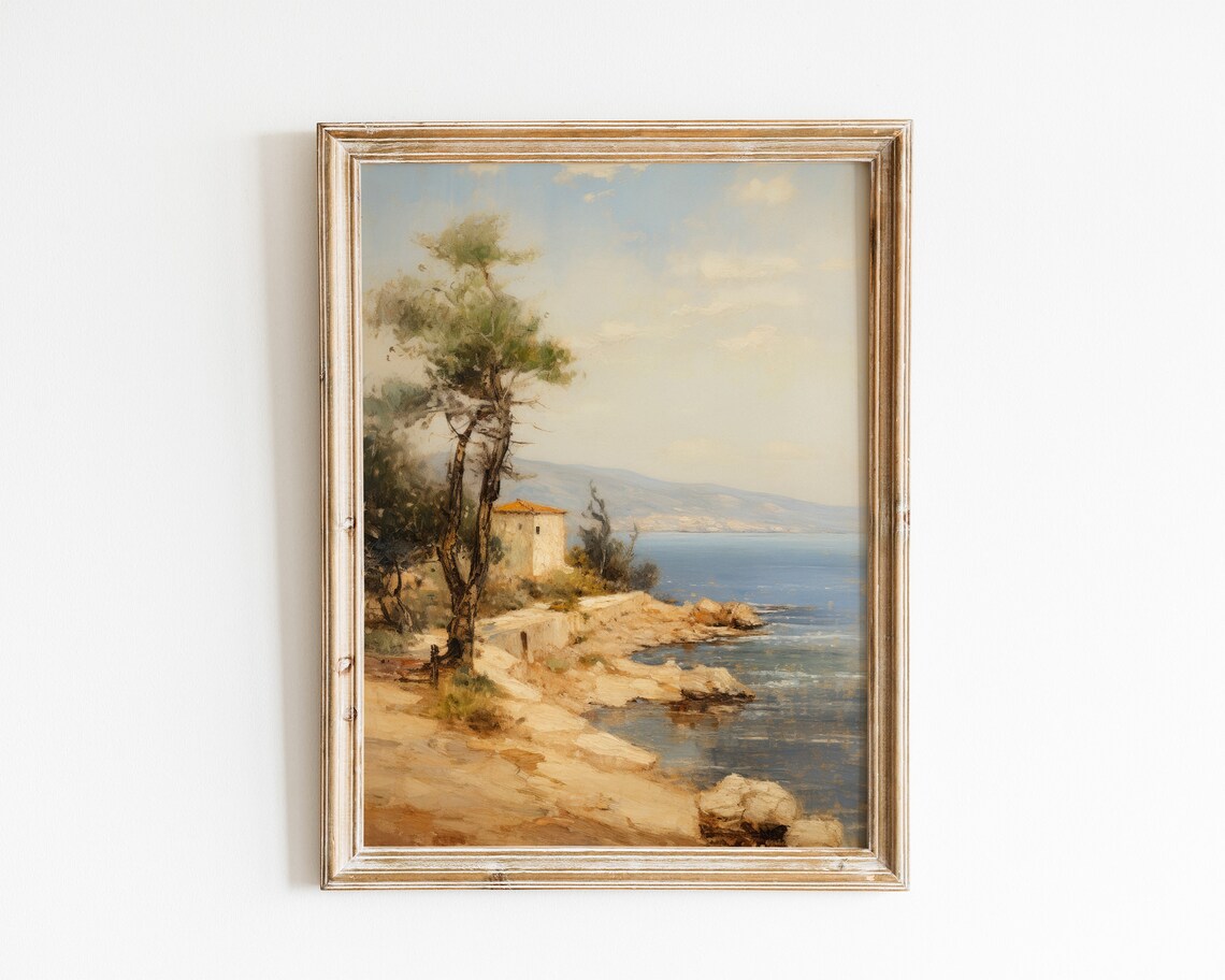 Coastal Path with Pine Trees and Stone Cottage Blue Sea Vintage Art Poster