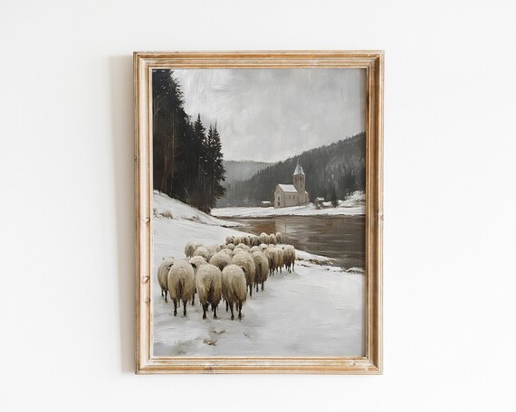 Sheep Herd On Snowy Riverbank With Church Across Water Vintage Winter Poster