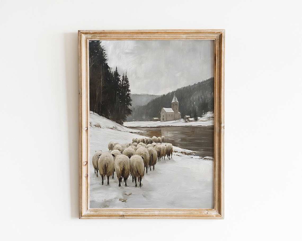 Sheep Herd On Snowy Riverbank With Church Across Water Vintage Winter Poster